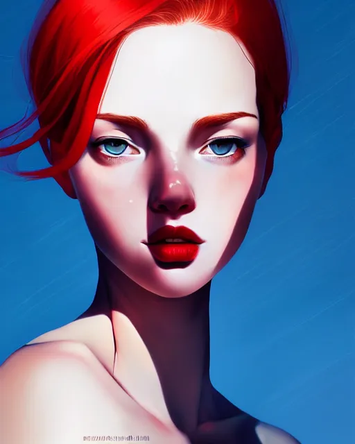 Image similar to a detailed portrait of a beautiful woman with red hair and freckles by ilya kuvshinov, digital art, dramatic lighting, dramatic angle