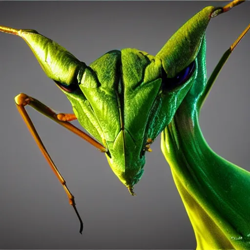 Prompt: stunning portrait of a green photorealistic mantis religiosa ; powerful front forelegs ; hard predatory look ; d & d rogue ; flat! triangle! - shaped head with thin!! thread - like antennae ; concept art ; artstation ; 8 k ; wallpapers ; heavy contrast ; cinematic art ; cgsociety ; art by greg rutkowski