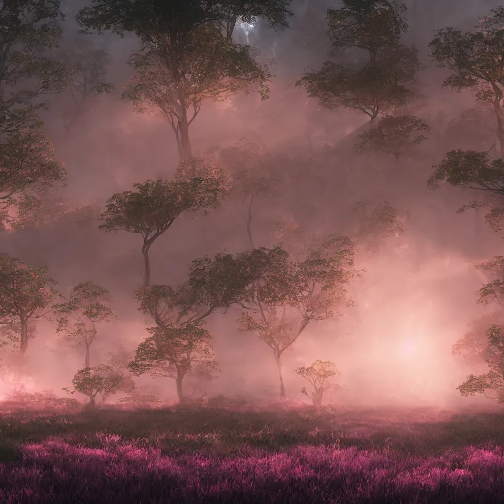 Image similar to fantasy with earth forest and meadow magic, at gentle dawn pink light, cinematic lighting, volumetric lighting, smooth, sharp focus, highly detailed, render in unreal engine 5, artstation, deviantart, behance, trending,, epic composition, hd, octane, unreal engine, volumetric lighting, light rays, masterpiece, award - winning