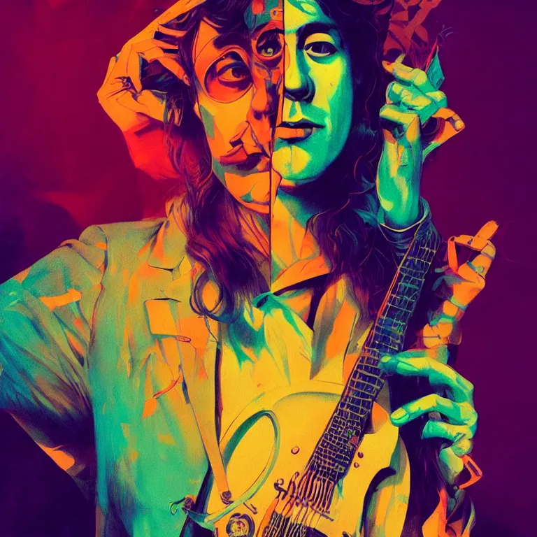 Prompt: duotone trippy 1 9 6 0 s lsd concept illustration portrait of a hippy rock musician on stage. volumetric lighting. golden ratio accidental renaissance. by sachin teng and sergey kolesov and ruan jia and heng z. graffiti art, scifi, fantasy, hyper detailed. octane render. concept art. trending on artstation.