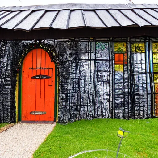 Prompt: ouse made of old tires, the roof is made of metal siding, the windows are all stained glass. The front door is a huge sunflower, and sculptures made out of chicken wire and colorful fabric throughout the yard. Photography