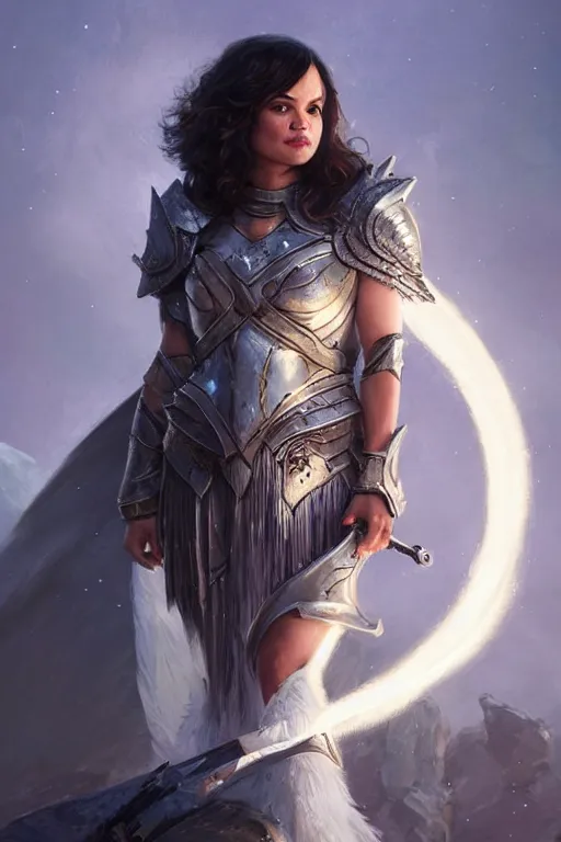 Image similar to norah jones as an valkyrie with white glowing armor, d & d, fantasy, portrait, highly detailed, headshot, digital painting, trending on artstation, concept art, sharp focus, illustration, art by artgerm and greg rutkowski and magali villeneuve