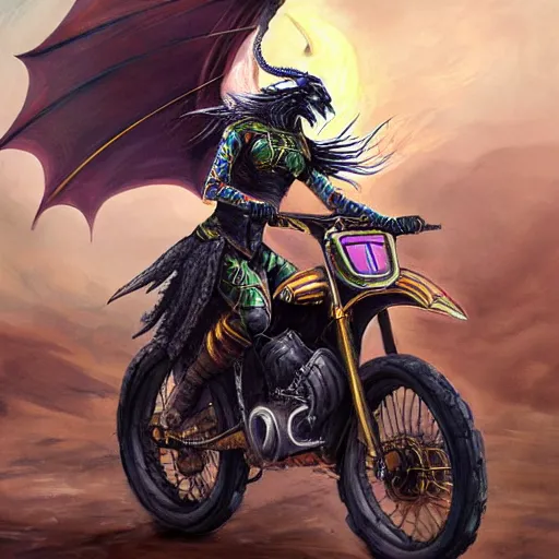 Image similar to a painting of a woman warrior riding a dirt bike in the middle of epic fantasy fight with a huge black dragon