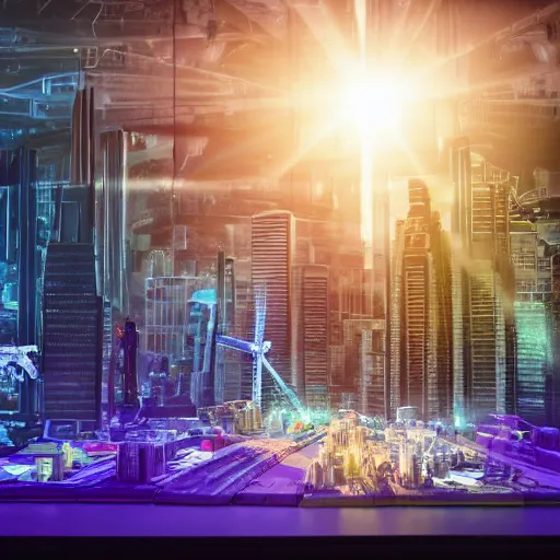 Image similar to large group people in open warehouse, looking at hologram of futuristic city on a table, cinematic still, godrays, golden hour, natural sunlight, 4 k, clear details, tabletop model buildings, tabletop model, ethereal hologram center, crane shot, crane shot, crane shot