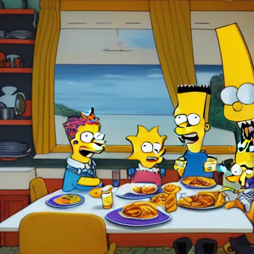 Image similar to Bart Simpson as a real boy surfing the imaginary wave on the kitchen table at breakfast, digital art, by ROSS tran, 4k