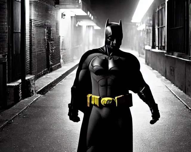 Image similar to a high definition photograph of Batman holding a lightsaber in a dark New York City alleyway at nighttime, high contrast shadows