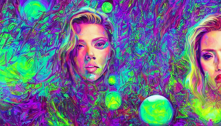 Image similar to scarlett johansson in psychodelic dmt lsd forest looking at a shiny sphere, photorealistic, artgerm, artwork by Rossier, Jessica