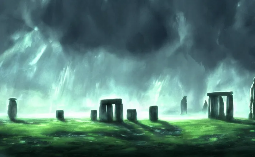 Prompt: a realistic and atmospheric cell - shaded concept art from howl's moving castle ( 2 0 0 4 ) of a futurist sci - fi city and stonehenge in a flooded rainforest. it is a misty starry night. very dull muted colors, hd, 4 k, hq