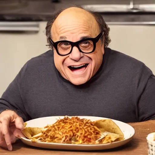 Prompt: movie still of danny devito eating a burrito, 4k