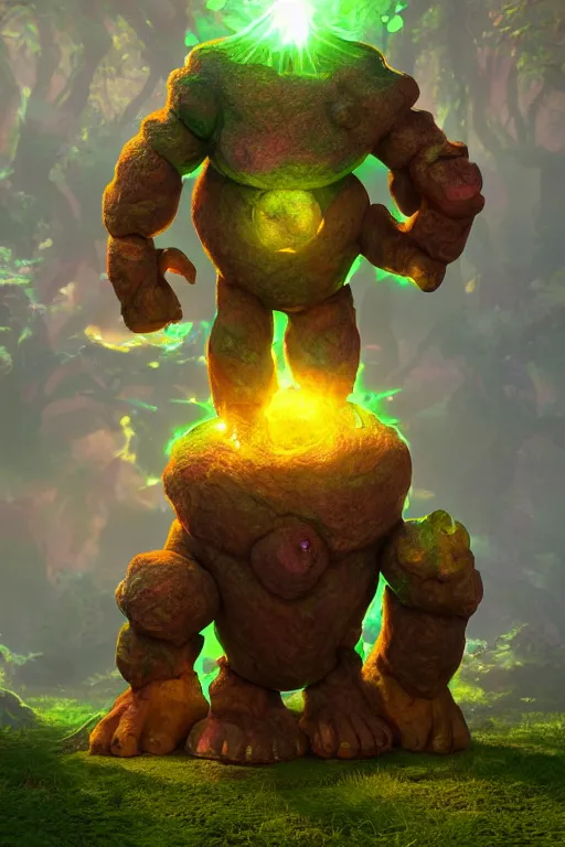 Image similar to arcane fantasy art giant golem elemental wood rock bastion forged gemstone enchanted forest troll, global illumination ray tracing hdr fanart arstation by sung choi and eric pfeiffer and gabriel garza and casper konefal lisa frank zbrush central hardmesh radiating a glowing aura