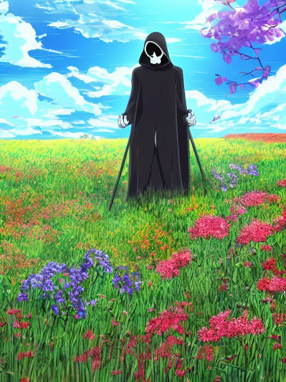 Prompt: grim reaper with no facr in flower field, anime style, high detail, high resolution,