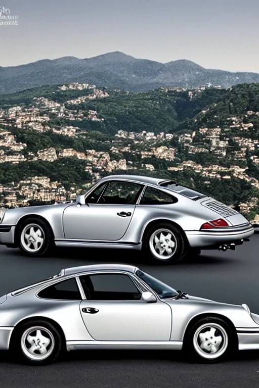 Image similar to Photo of a silver Porsche 911 Carrera 3.2, Lake Como in the background, daylight, dramatic lighting, award winning, highly detailed, 1980s Versace ad, fine art print, best selling.