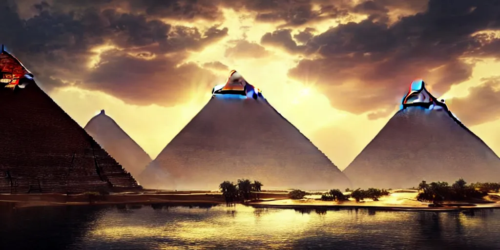 Image similar to beautiful egyptian pyramid, magic, waterways, waterfalls, gorgeous clouds, god rays, digital art, landscape, fantasy art, octane render, ureal engine, high detail, very realistic, by greg rutkowski. by james gurney