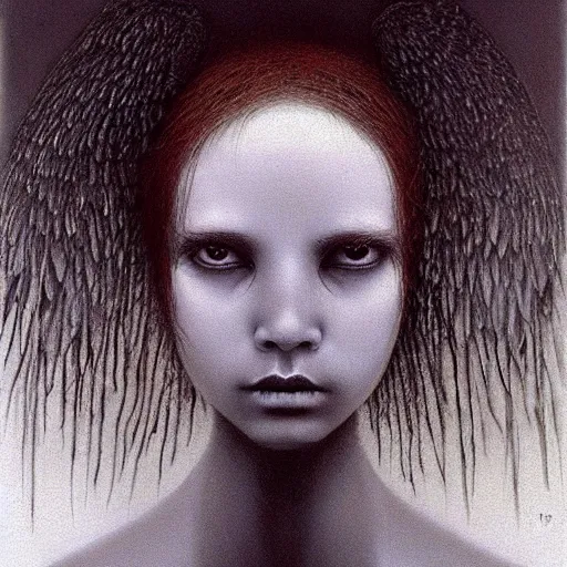 Prompt: young teen half-crow girl. She has black wings, painting by Beksinski