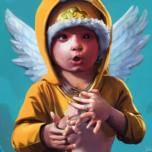 Image similar to baby Angel, baby cherub,wearing angel halo, ski mask, balaclava, face covered, wearing angel halo covered face, orange hoodie, hip hop, multiple golden necklaces, fantasy art apex fortnite Video game icon, 2d game art gta5 cover , official fanart behance hd artstation by Jesper Ejsing, by RHADS, Makoto Shinkai and Lois van baarle, ilya kuvshinov, rossdraws