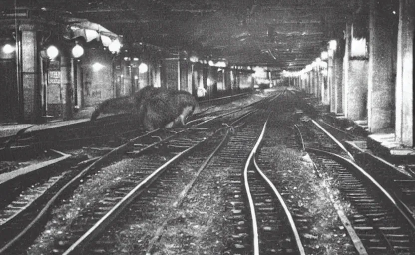 Prompt: old photo from 1 9 5 9. very large giant mutant antropomorphic rat staying on railways in round tonnel of moscow metropolitan. extreme high detail. low light, scary atmosphere, darkness