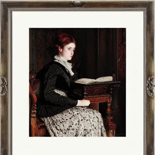 Image similar to young victorian woman in a castle reading a horror book by alfred stevens
