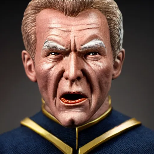 Prompt: photograph of captain j. kirk from star trek screaming in terror. sharp photograph, sharp focus, highly detailed,, detailed face!!, ultra realism, dramatic lighting, zeiss lens, canon eos, detailed skin, dynamic pose, 8 k resolution, hyperrealism, portrait photography