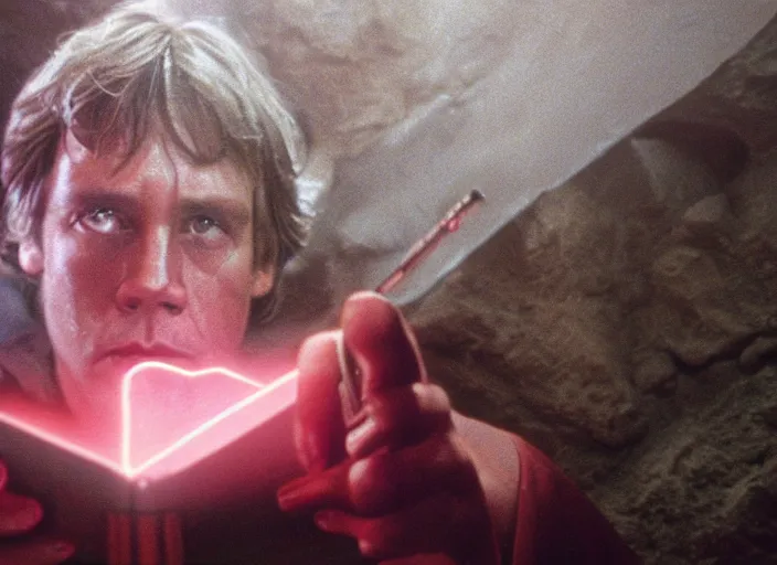 Prompt: detailed photo of Luke skywalker finding the ancient jedi texts. a dark pink hazy ethereal cave from Indiana jones, screenshot from the 1983 film, Photographed with Leica Summilux-M 24 mm lens, ISO 100, f/8, Portra 400