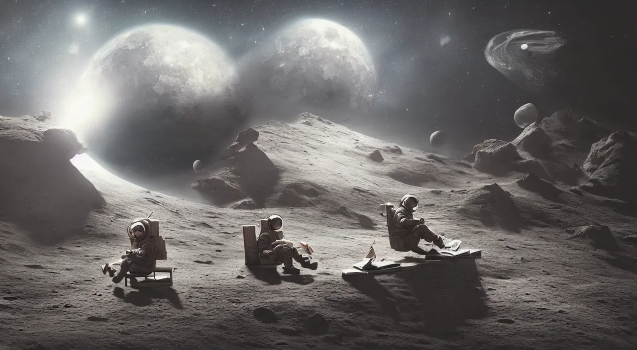 Prompt: hyper realistic matte painting of closeup shot of astronaut on the moon, sitting on concrete bench, reading book facing planet earth, back lighting, highly detailed, trending on artstation, concept art, art by jan matejko