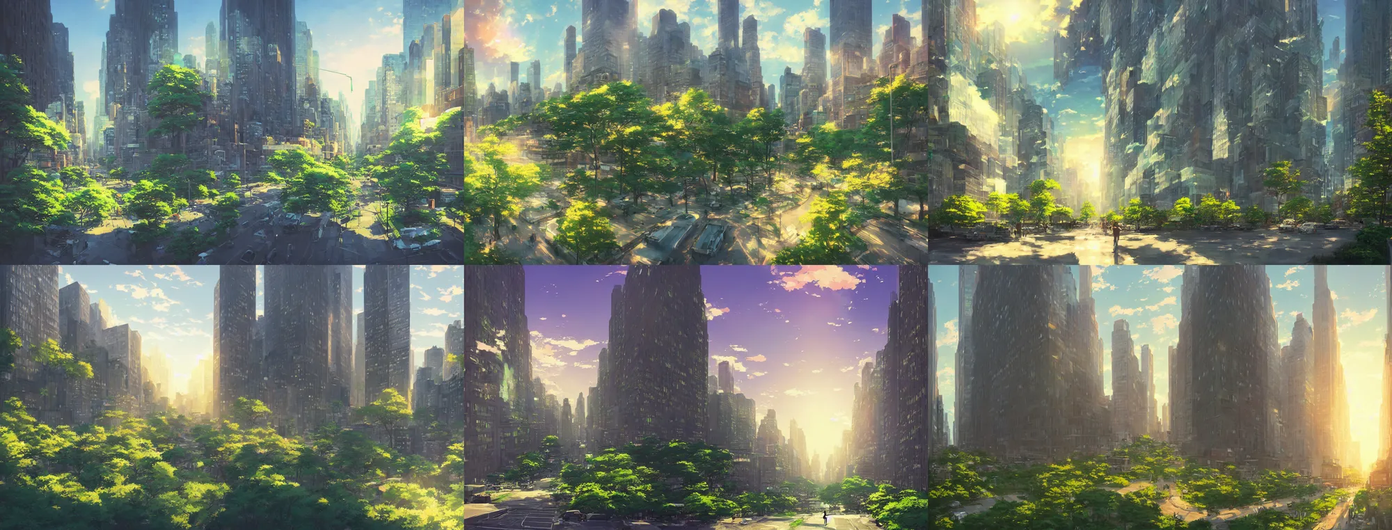 Image similar to dream fantasy new york city, more greens, lanscape, modern, sunset, dusk, perspective, street view, art by makoto shinkai