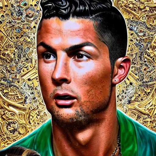 Prompt: renaissance oil painting, Cristiano Ronaldo integrating with technology, full face, frontal center, portrait, gaudy, detailed intricate ornate cables connected to the head, large open electric eyes, luxurious detailed abundant wiring and implants, diamonds, science fiction, neon, emeralds, detailed technology, full background, very detailed, artstation, Rene Lalique, Eddie Mendoza and Gil Elvgren - n 9