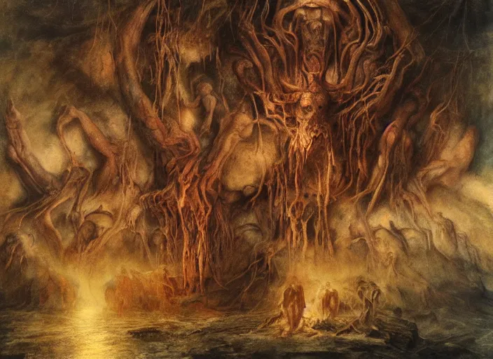 Image similar to acheron river of hell | highly detailed oil painting, hyperrealistic, very intrincate | cinematic lighting, award - winning | by rachel ruysch, giger, beksinski and bocklin | by austin osman spare and william blake, trending on artstation, cgsociety, official art, octane.