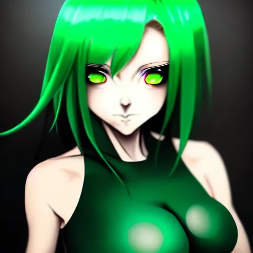 Image similar to a woman with dark green hair and glowing green eyes, anime, artstation, trending on artstation, high quality