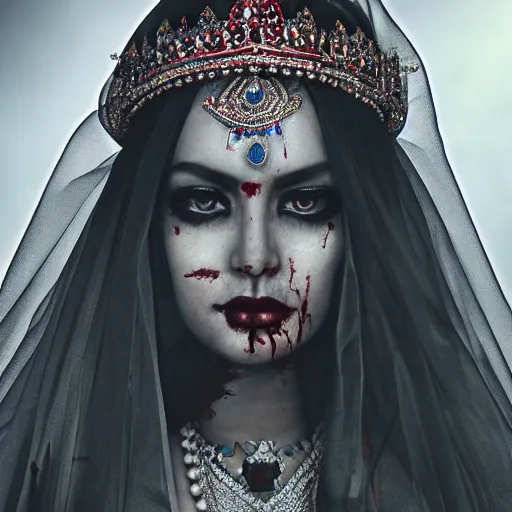 Image similar to beautiful Hindu queen of the dark with veil, in darkness, cover with blood, horror terrifying, soft light, surreal realistic, photorealistic, hyper details, full HD, 8k!
