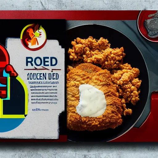 Prompt: chicken fried on a computer cpu chip plate, food, poster, orthographic, octane