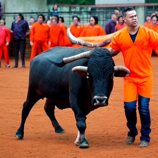 Prompt: bull wearing orange inmate clothes in corrida de los toros