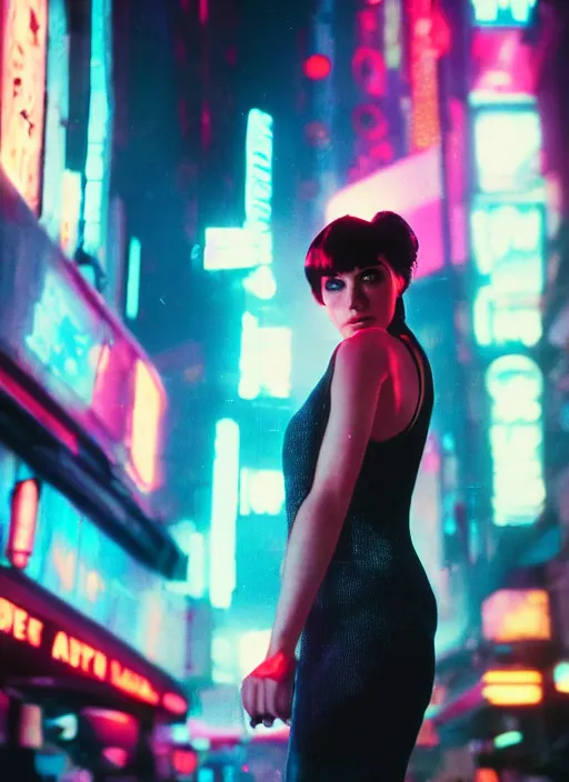 Image similar to A hyper realistic and detailed head portrait photography of a Rachael of Blade Runner on a futuristic street. by David Dubnitskiy. Neo noir style. Cinematic. neon lights glow in the background. Cinestill 800T film. Lens flare. Helios 44m