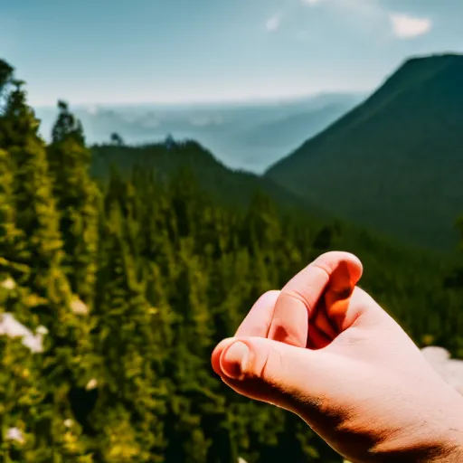 Prompt: Hand holding a mountain while being on a mountain, 40nm lens, close, 4k