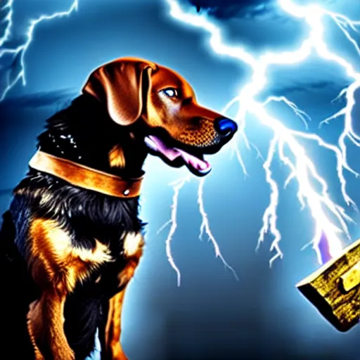 Image similar to a canine thor holding thor's hammer in its paw, dramatic lightning background, flying