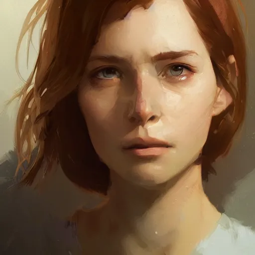 Image similar to portrait of a super friendly woman by greg rutkowski, he is about 2 9 years old, english, auburn slightly red shoulder length hair, brown eyes, cute chubby face, highly detailed portrait, digital painting, artstation, concept art, smooth, sharp foccus ilustration, artstation hq