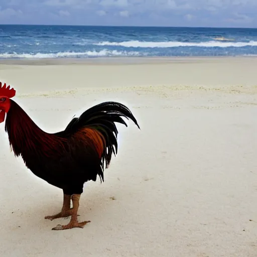 Prompt: a photograph of a rooster standing on a beautiful white sand Philippines beach