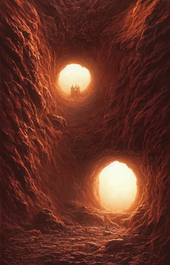 Prompt: ancient singular portal into godhood flickers omniously on a barren hellish exoplanet, philosophical concept illustrated by James Gurney and Zdislaw Beksinski and Dariusz Zawadski and Greg Rutkowski and Jeffrey Smith, dramatic lighting, ultra HD, HDR, 8k