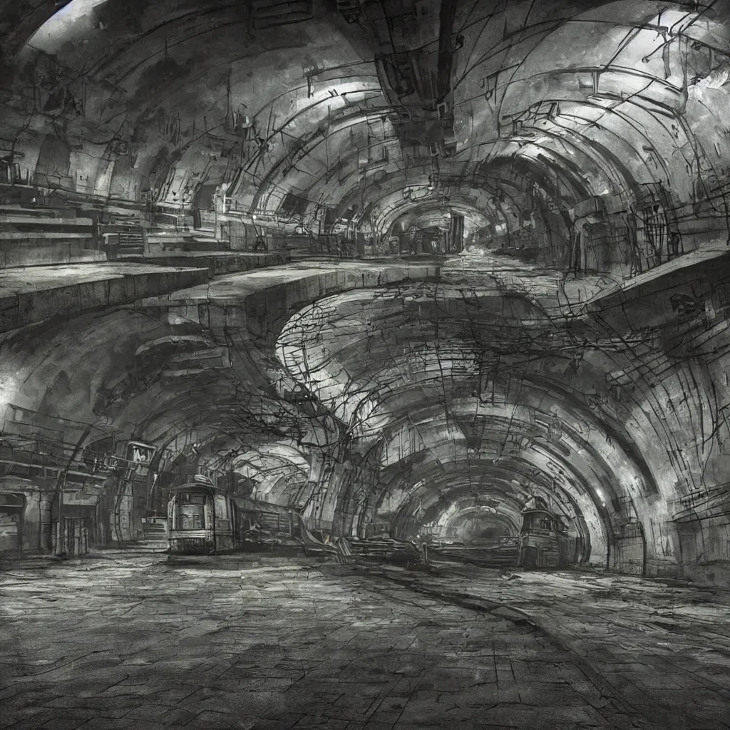 Image similar to underground metro after nuclear war, dieselpunk, atmospheric, industrial, soviet architecture, realistic brutalism in style of dmitry glukhovski