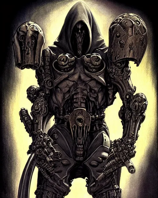 Image similar to reaper from overwatch, heavey metal magazine cover, character portrait, portrait, close up, concept art, intricate details, highly detailed, in the style of frank frazetta, r. giger, esteban maroto, richard corben, pepe moreno, matt howarth, stefano tamburini, tanino liberatore, luis royo and alex ebel