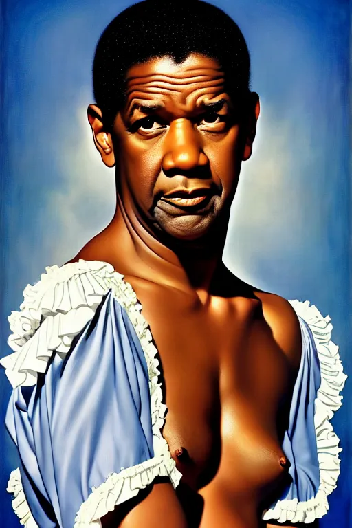 Image similar to denzel washington by gil elvgren and norman rockwell and rob gonsalves and hajime sorayama, hyperrealistic, high detail, ultra detailed, highly detailed face, ruffled fabric