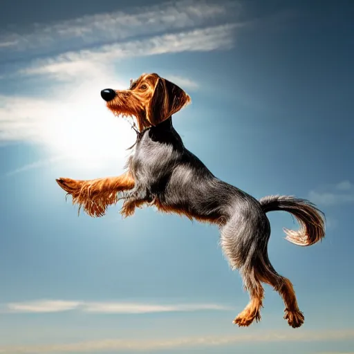 Image similar to elderly light gray wire-haired dachshund with long hair, jumping in the air, floating in heaven, flying through blue sky, white clouds