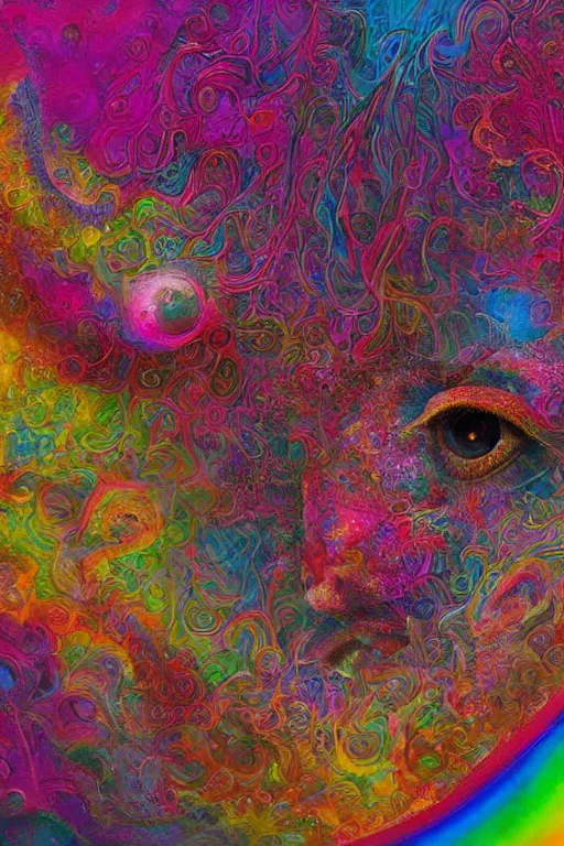 Image similar to hyperrealistic abstract close-up Renaissance psychedelic!! celestial happy! pure creature!! peaceful! kind spirit of nature! beautiful fractal!! eyes! highly detailed concept art eric zener elson peter cinematic hard rainbow lighting high angle hd 8k sharp shallow depth of field endless, inspired by Zdzisław Beksiński Salvador Dali