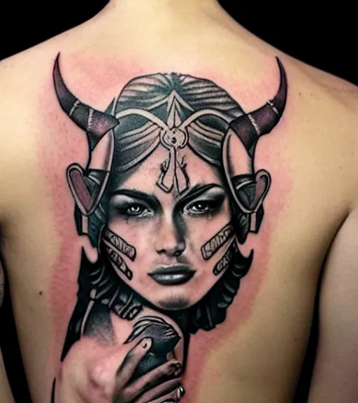 Prompt: tattoo design on white background of a beautiful girl warrior, hyper realistic, amazing detail, inspired by eliot kohek