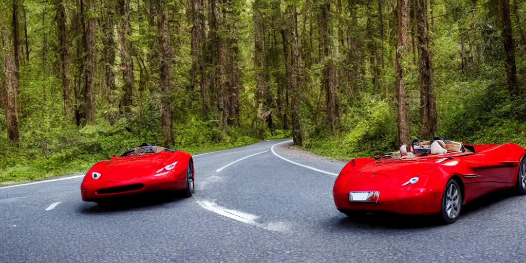 Prompt: red barchetta driving up a mountain with forest around both sides of the road