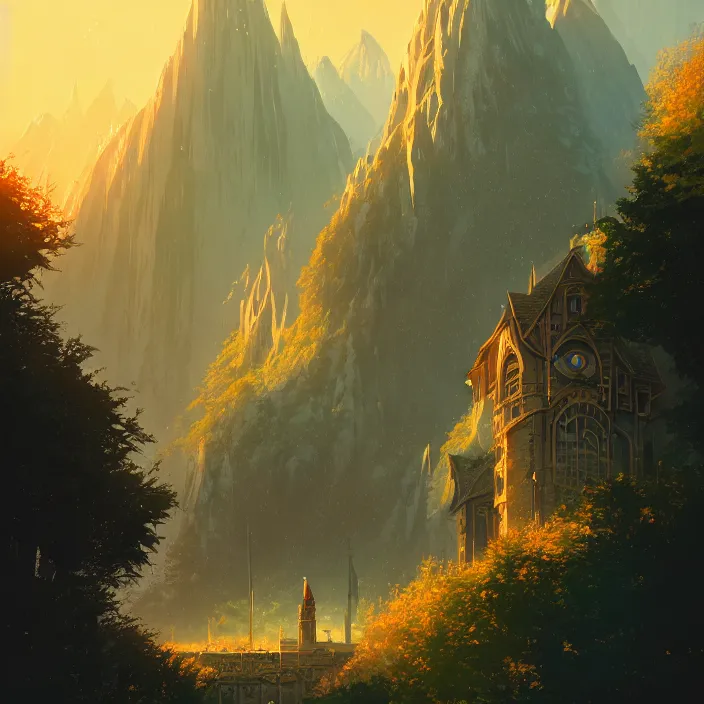 Prompt: Authentic illustrations of different cities in The Lord of the Rings,Magnificent super wide angle,high quality, 8k,high resolution, city landscape, side scrolling, Rule of Thirds, 4K, Retrofuturism,by makoto shinkai,Anton Fadeev, thomas kinkade,greg rutkowski