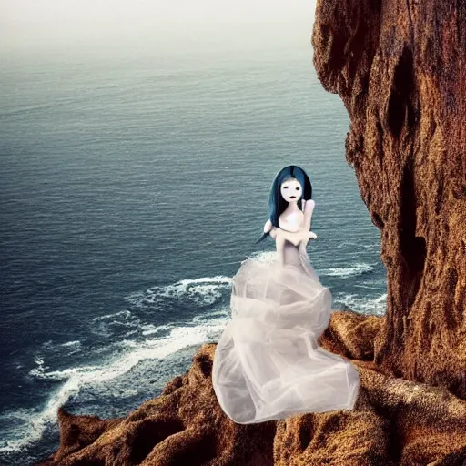 Image similar to A beautiful computer art of a human-like creature with long, stringy hair. The figure has no eyes, only a mouth with long, sharp teeth. The creature is standing on a cliff overlooking a dark, foreboding sea. by Bella Kotak ornamented