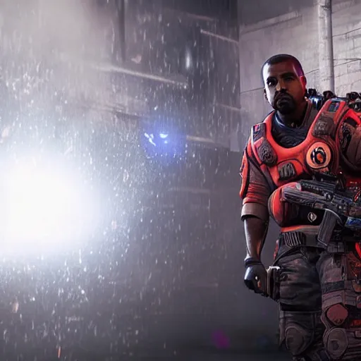 Image similar to kanye west as a ghostbuster in gears of war battlefield 5, splash art, movie still, cinematic lighting, dramatic, octane render, long lens, shallow depth of field, bokeh, anamorphic lens flare, 8 k, hyper detailed, 3 5 mm film grain