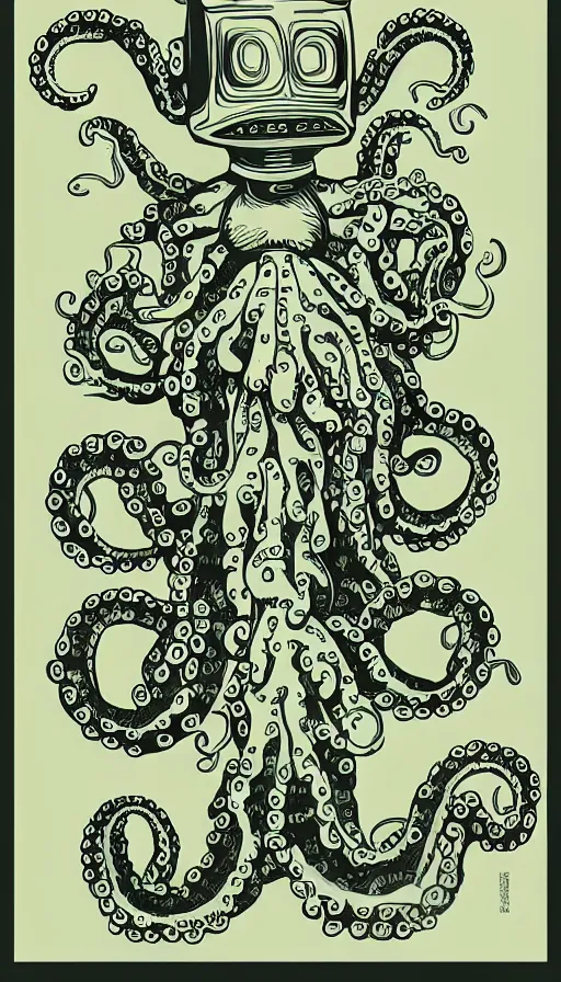 Image similar to robot with octopus tentacles, hand drawn illustration, antique style poster, highly detailed vector art
