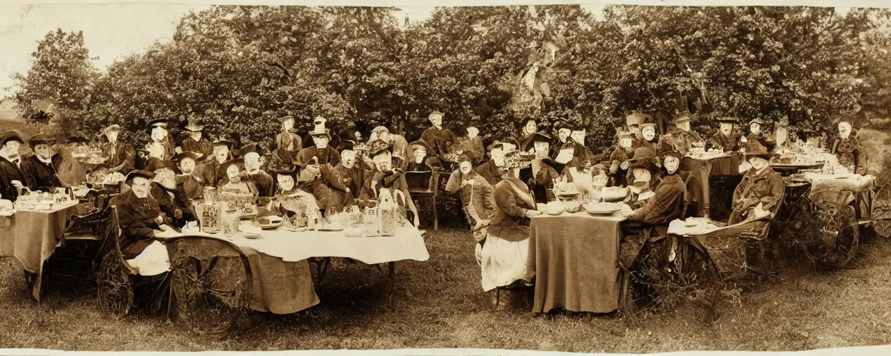 Prompt: A Victorian sepia photo of a tea party attended by Daleks.