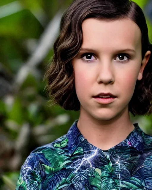 Image similar to Millie Bobby Brown in a jungle of lightning